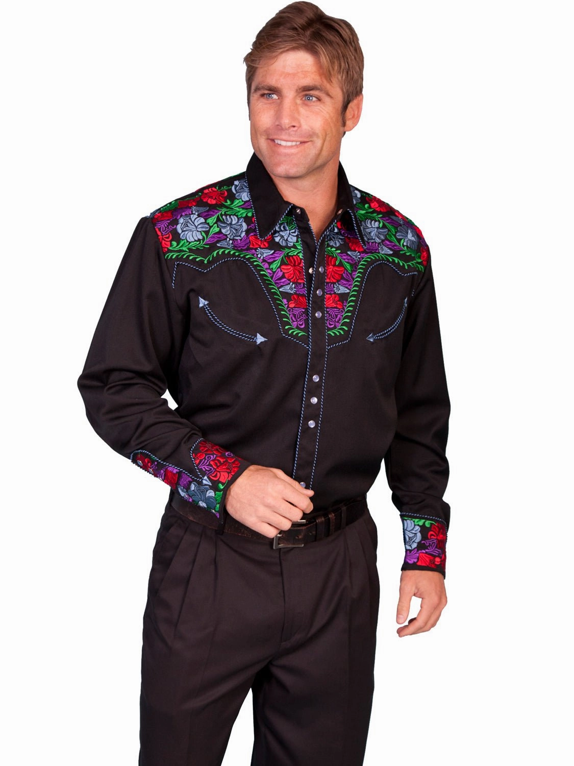hypoallergenic hypoallergenic material Scully Mens Shirt Western Blue Poly Blend Bright Floral Stitch L/S
