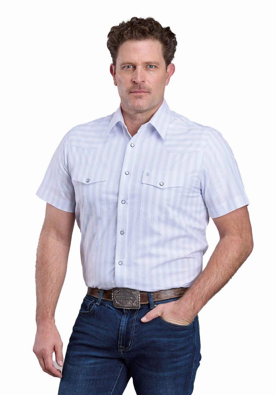 Mountain Retreat Stetson Mens 2769 Western Stripe Blue/White 100% Cotton S/S Shirt