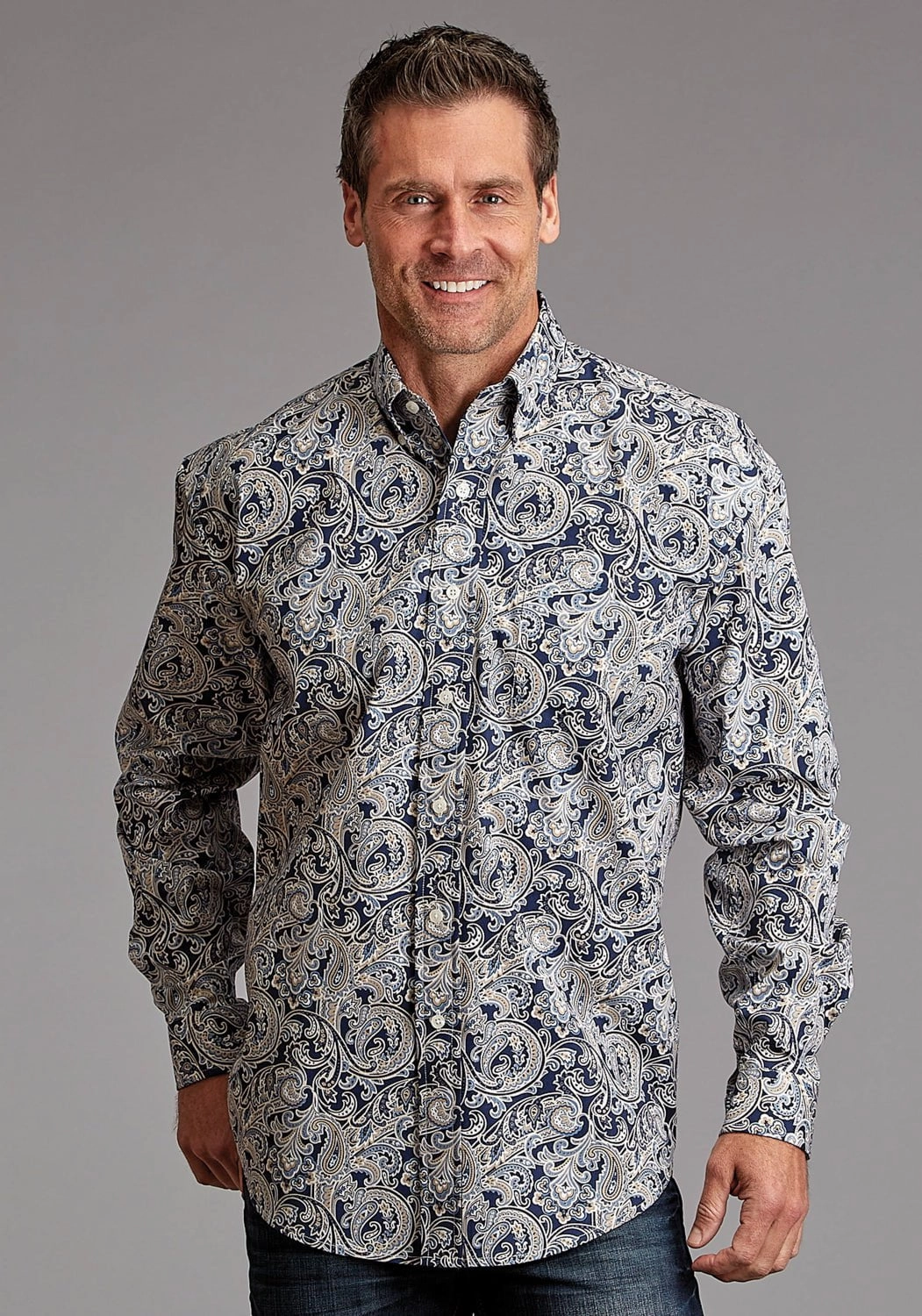 Stetson Mens Greenspring Paisley Blue 100% Cotton L/S Shirt Day-To-Night Wear