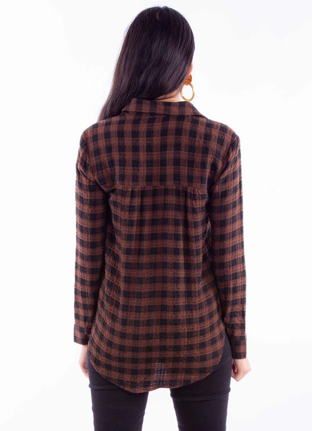 Scully Womens Plaid Button Up Brown Rayon Blend L/S Blouse Bold Prints