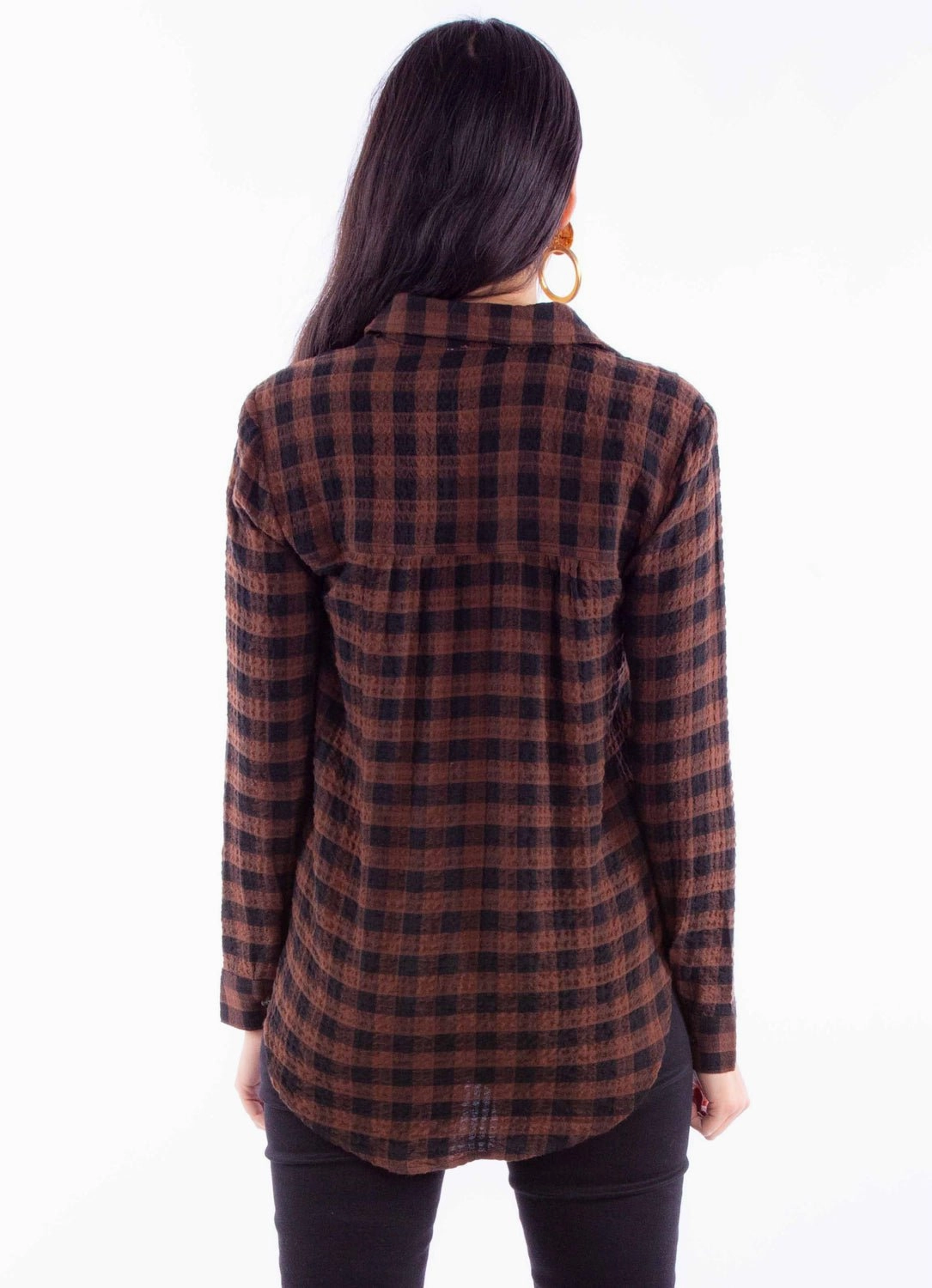 Scully Womens Plaid Button Up Brown Rayon Blend L/S Blouse Outdoor Adventure