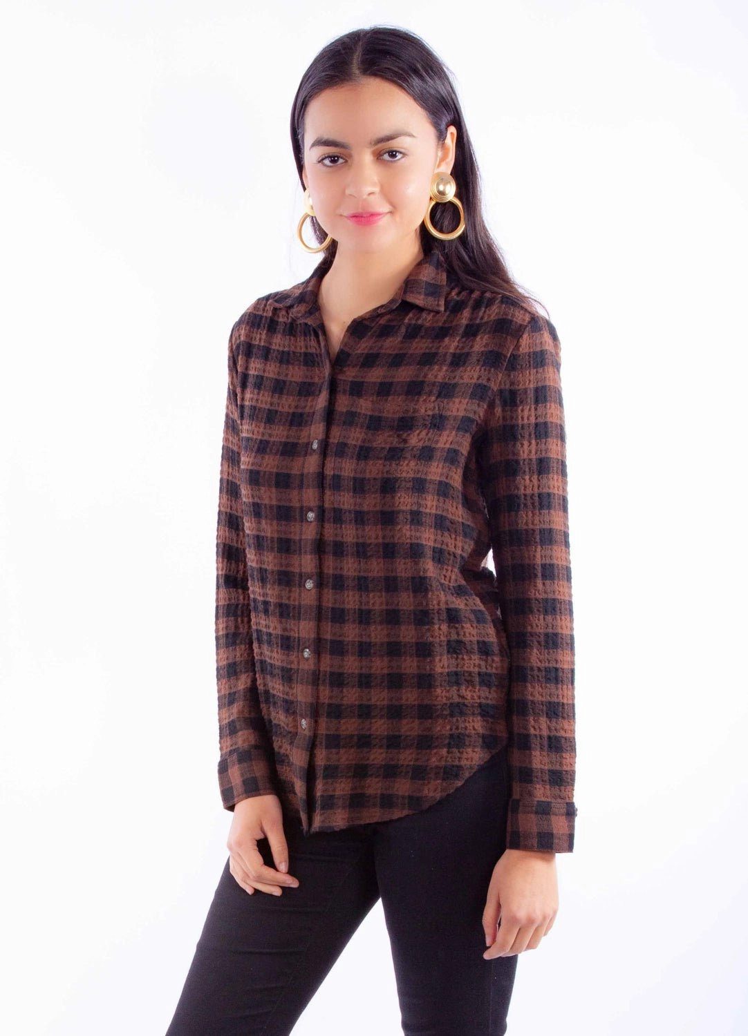 Scully Womens Plaid Button Up Brown Rayon Blend L/S Blouse Flexible Shoulder Panels