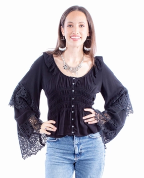 Hypoallergenic Lining Scully Womens Ruffle Crochet Black 100% Rayon L/S Blouse