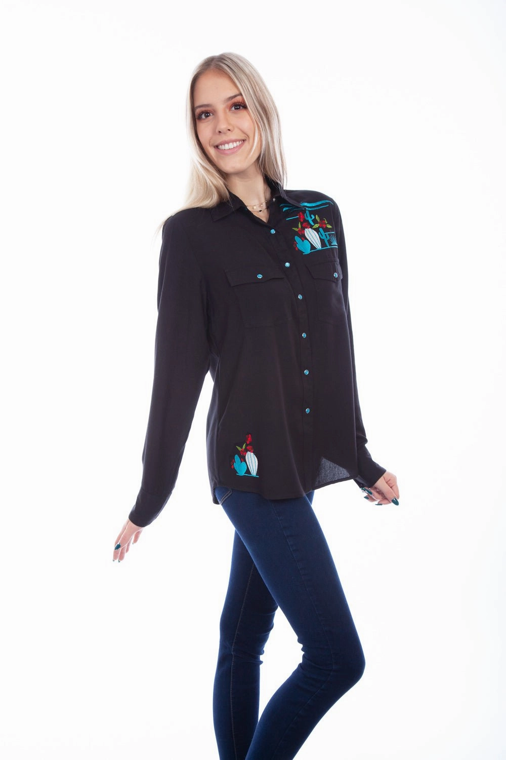 All-Season Wear Scully Womens Cactus Embroidered Black 100% Viscose L/S Shirt