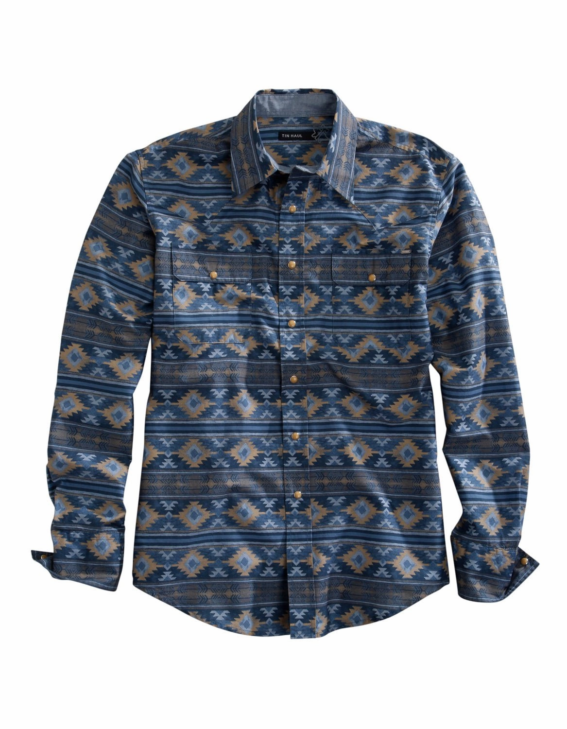 Tin Haul Mens Indigo Aztec Grey 100% Cotton L/S Shirt Neutral Shade