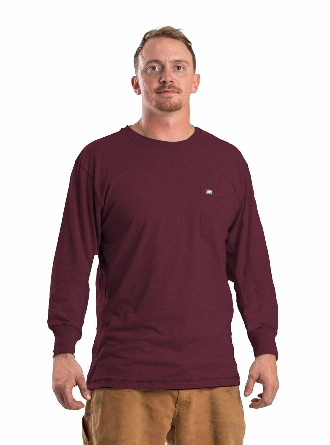 Berne Mens Maroon Cotton Blend WorkVent Performance Pocket Tee L/S Contrast Stitch