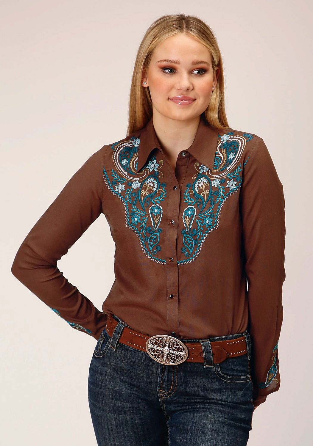High-End Fabric Errand Ready Roper Womens Paisley Yokes Brown 100% Rayon L/S Shirt