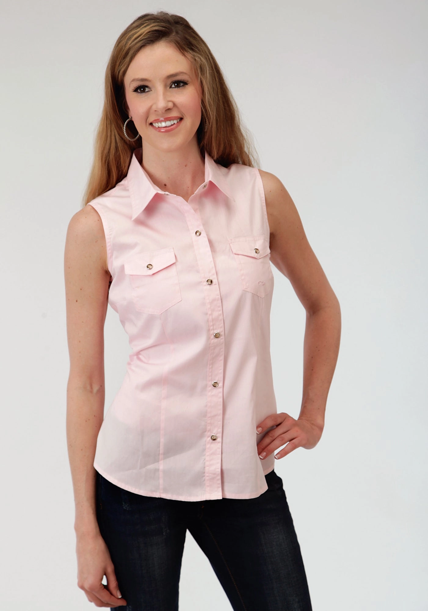 Refined Aesthetic Affordable Fashion Roper Basics Ladies Pink 100% Cotton Solid Poplin Sleeveless Shirt