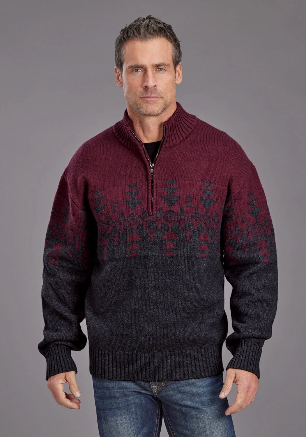 Petite Cut Stetson Mens Woven Aztec Red/Gray Cotton Blend 1/4 Zip Sweater