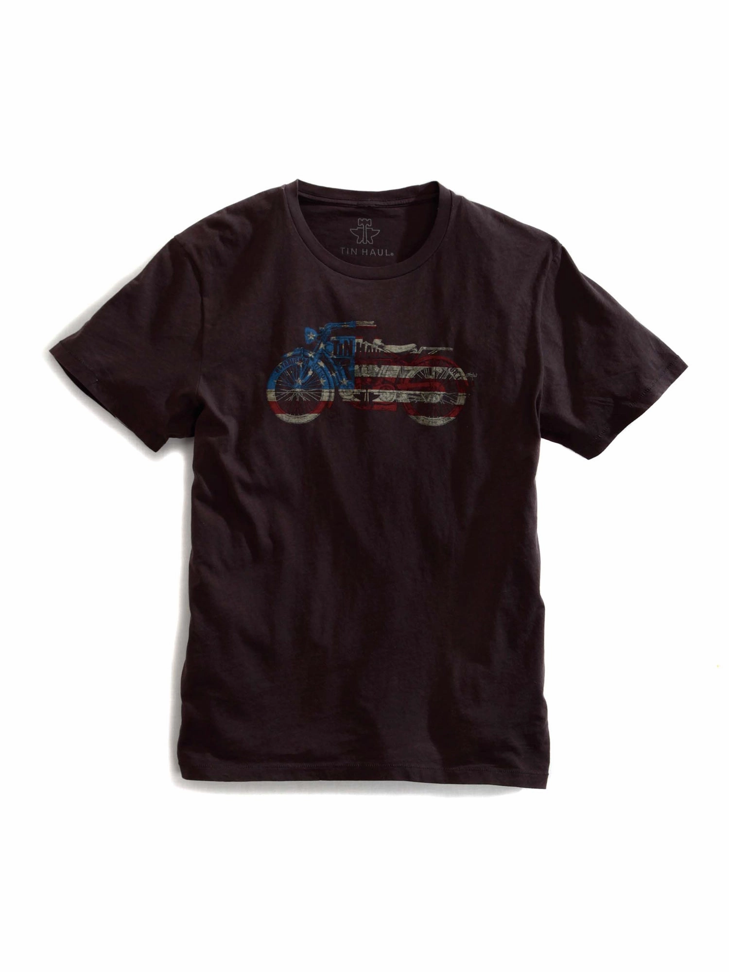 Tin Haul Unisex Motorcycle USA Flag Black 100% Cotton S/S T-Shirt Cross Grain Knit Light Wear