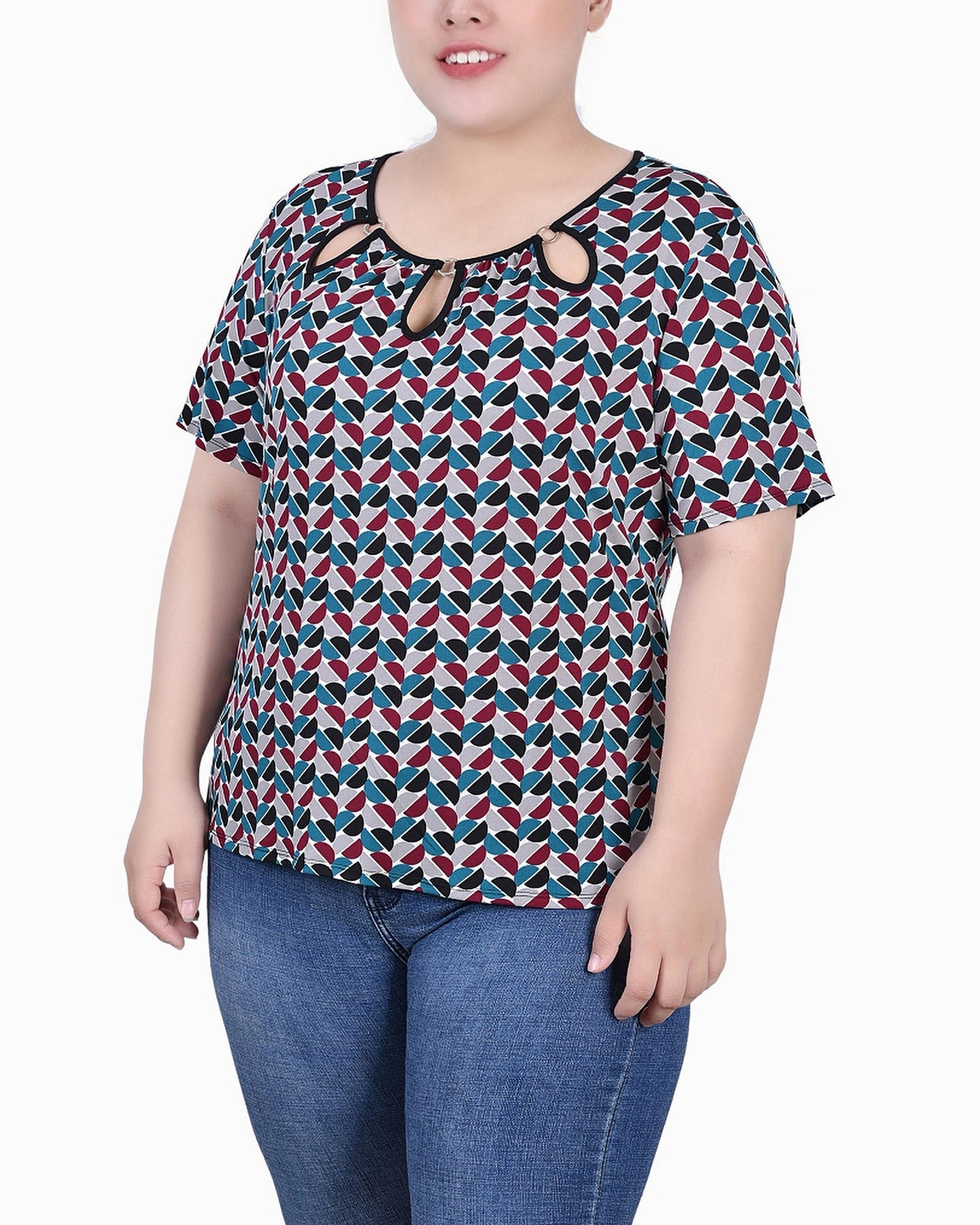 Invisible-Zip Plus Size Short Sleeve Top With Ring Details