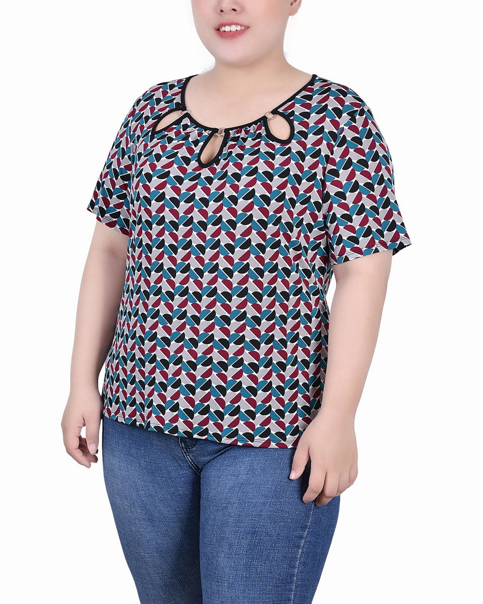 Plus Size Short Sleeve Top With Ring Details DoubleLayered Neckline HighDensity Knit