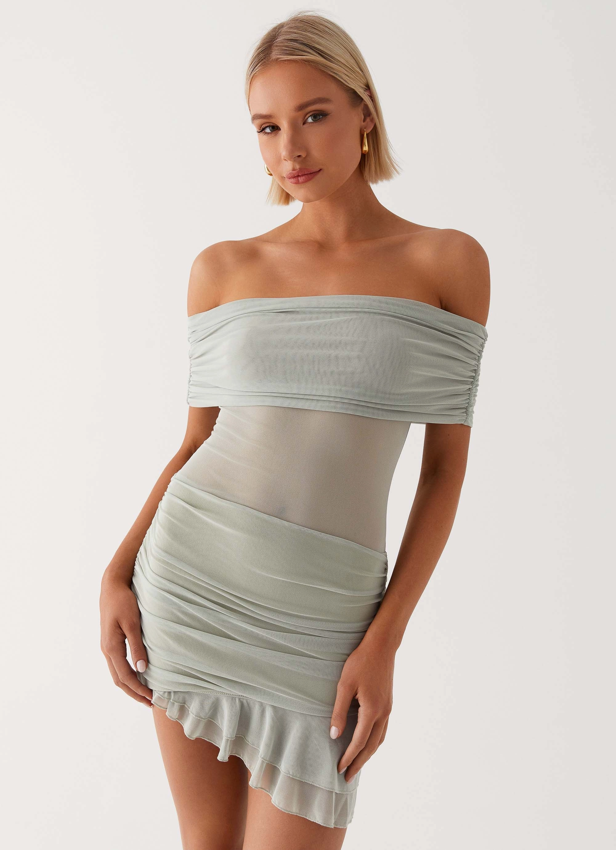 Nelly Off Shoulder Mini Dress - Pistachio Casual Tones