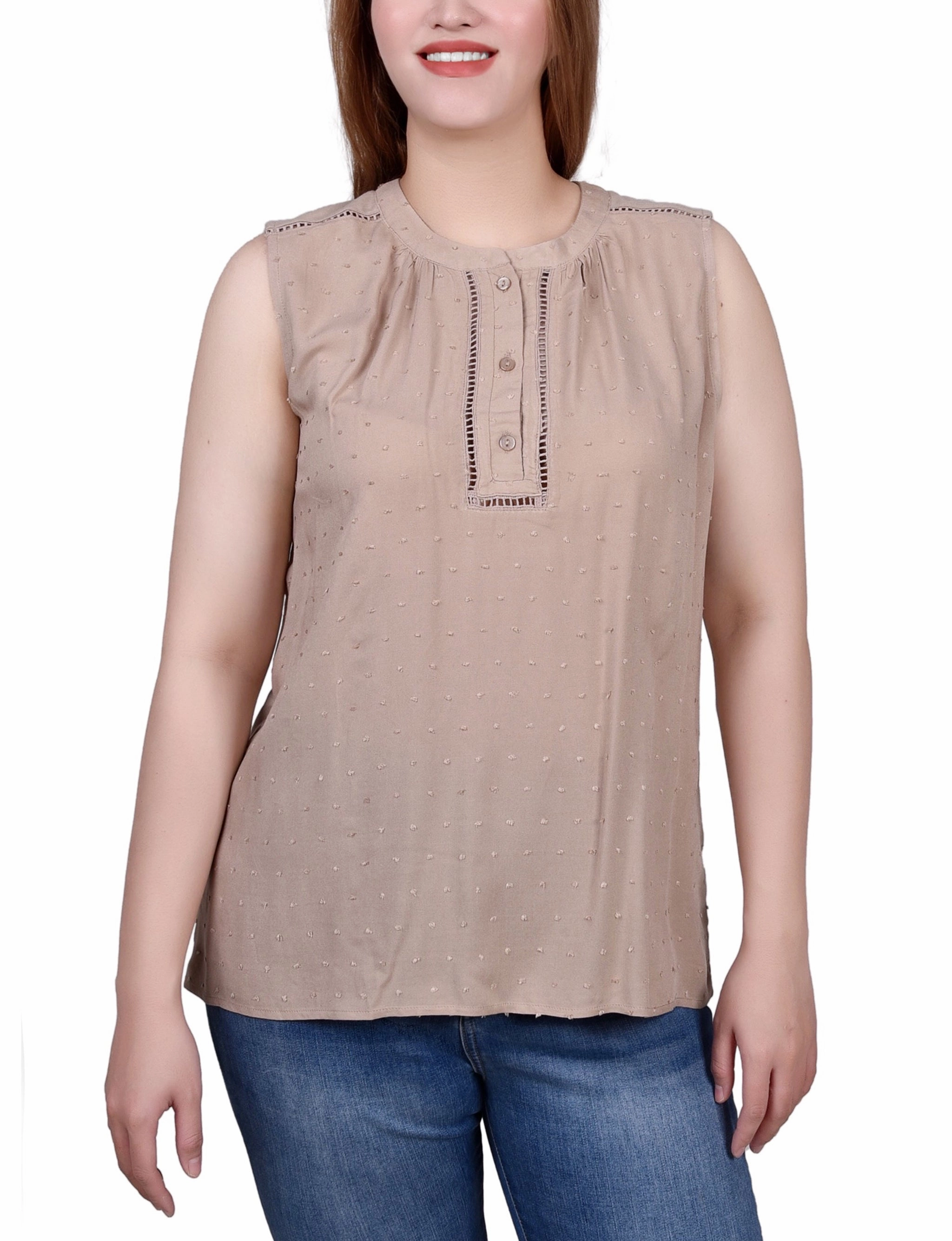 VentilatedMeshPaneling Ribbed Hemline Petite Sleeveless Swiss Dot Blouse