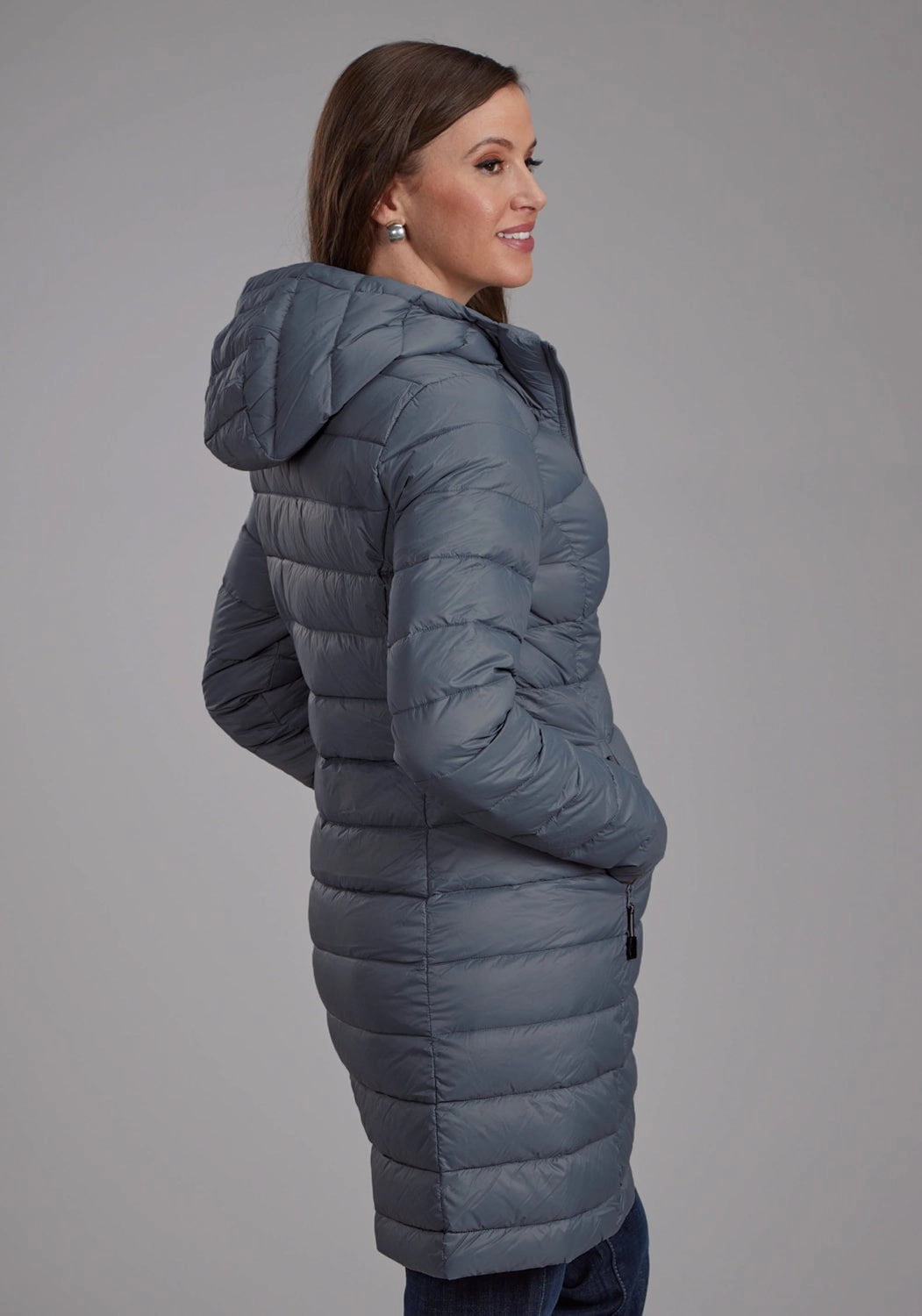 Roper Womens Long Down Filled Silver Blue 100% Nylon Insulated Jacket Fashion Trend