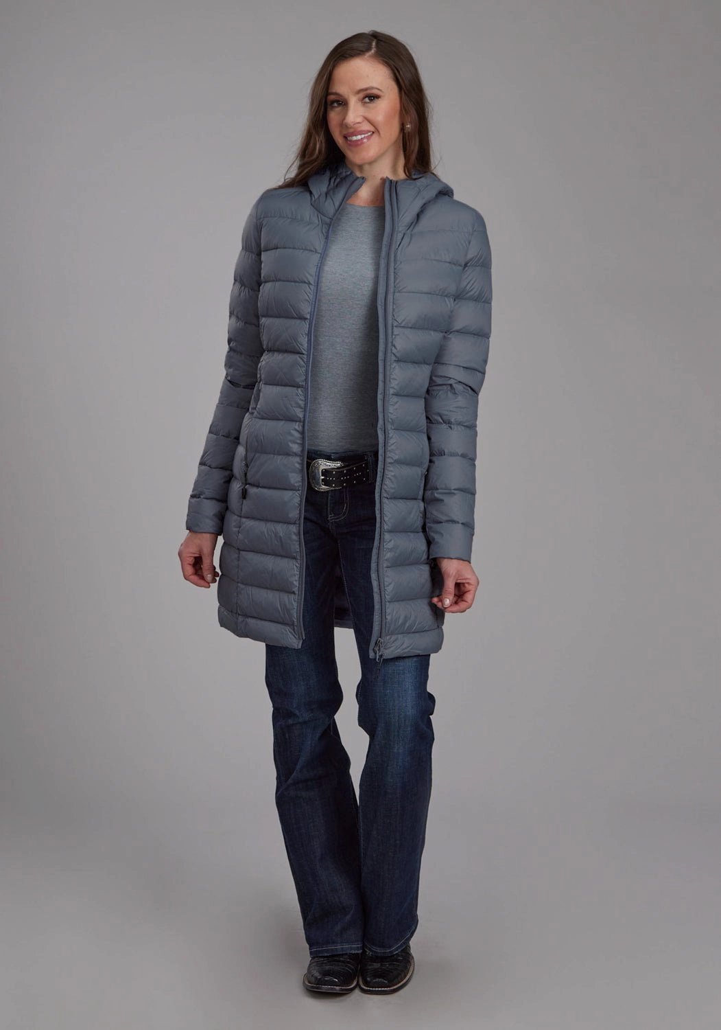 Bonded seams VentilatedPanels Roper Womens Long Down Filled Silver Blue 100% Nylon Insulated Jacket