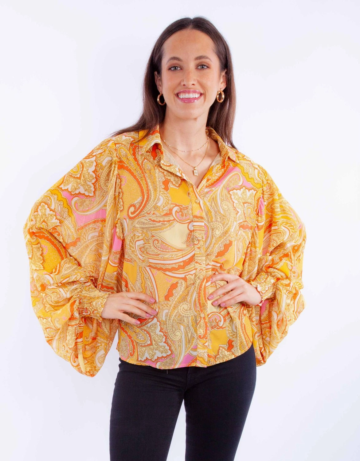 Matte Finish Trendy Outfit Scully Womens Paisley Balloon Sleeve Gold 100% Polyester L/S Blouse