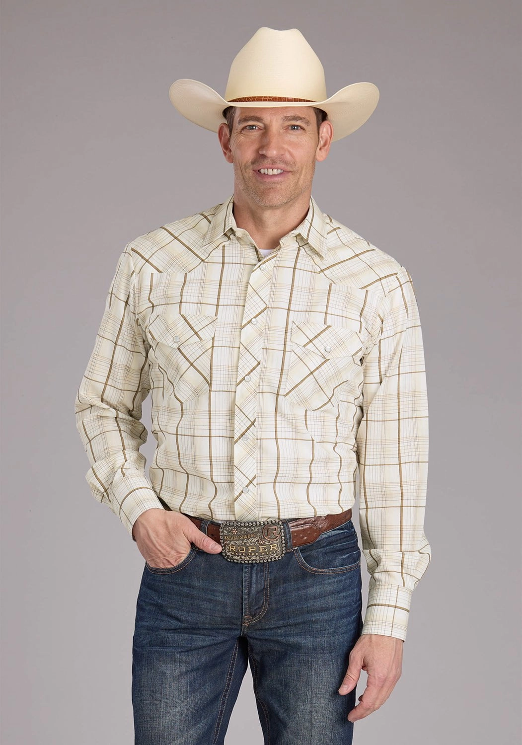 Roper Mens 2406 Neutral Plaid Tan Cotton Blend L/S Shirt Stretchable Cloth