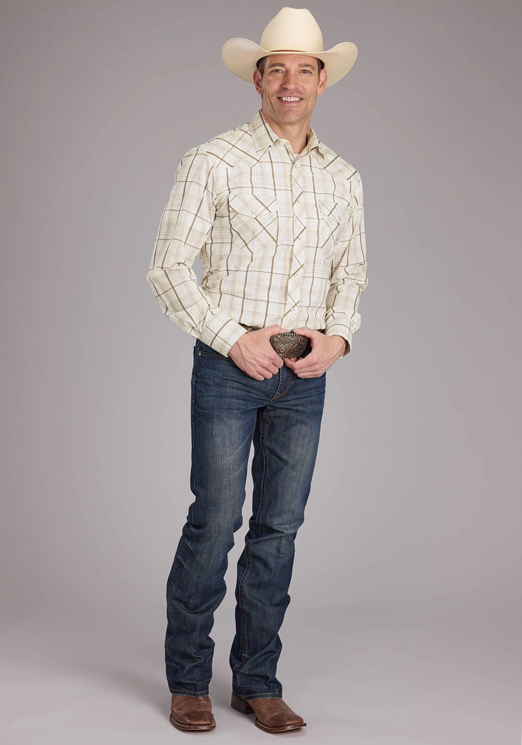 Edgy Design Roper Mens 2406 Neutral Plaid Tan Cotton Blend L/S Shirt