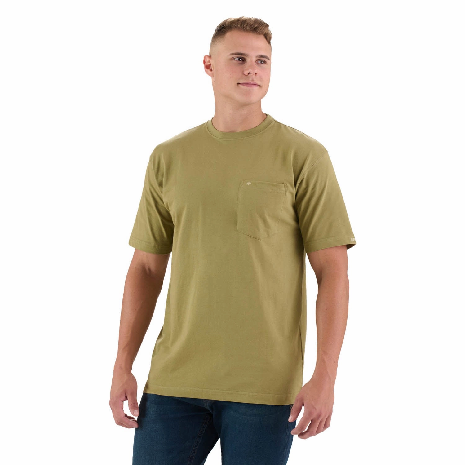 Non Irritating Seams Berne Mens Light Olive 100% Cotton Heavyweight Pocket Tee S/S