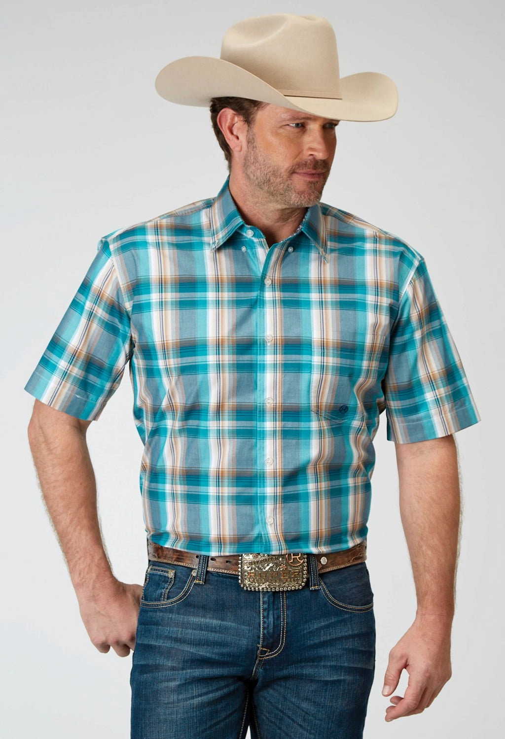 Customizable Option Reinforced Elasticity Roper Mens Waters Edge Plaid Multi-Color 100% Cotton S/S Shirt