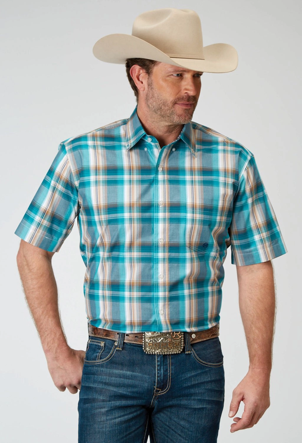 Seamless Shoulder Construction Roper Mens Waters Edge Plaid Multi-Color 100% Cotton S/S Shirt