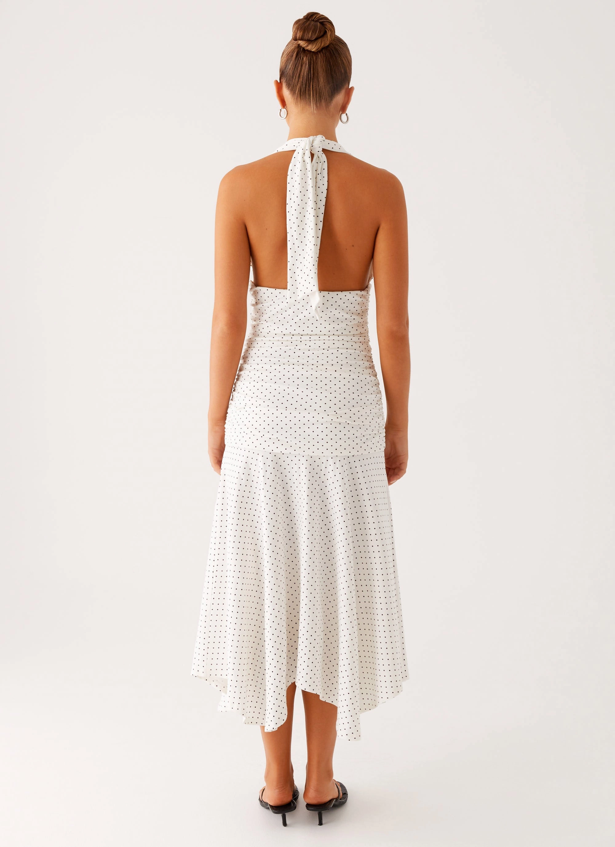 Grettana Halter Neck Midi Dress - White Polka Dot Adjustable Belt
