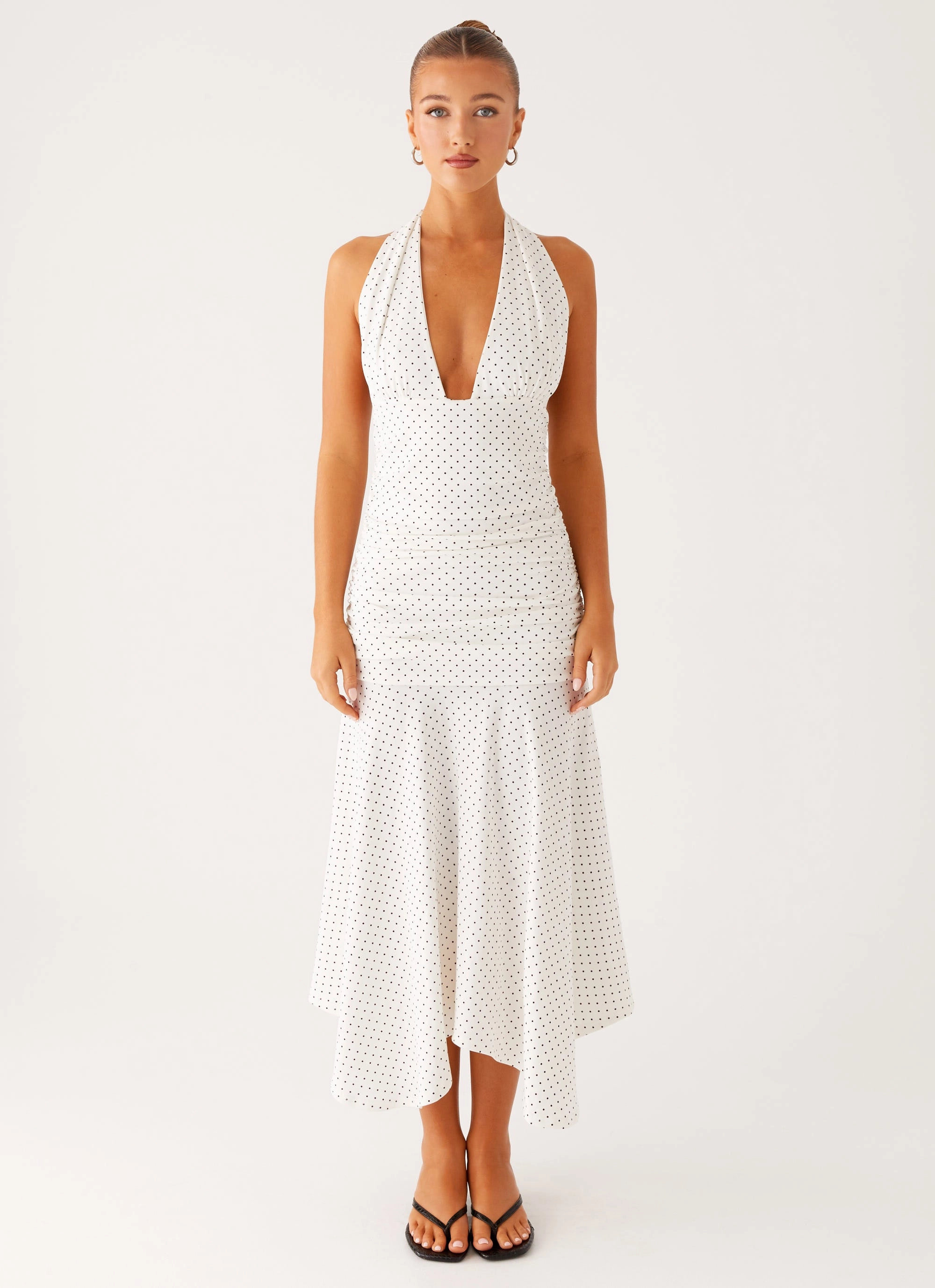 Designer Inspired Thermal Lining Grettana Halter Neck Midi Dress - White Polka Dot