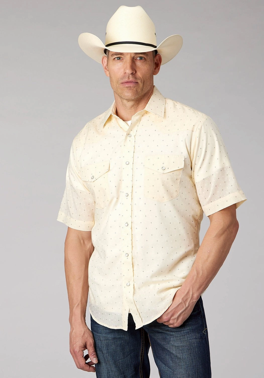 Roper Mens 2067 Diamond Wallpaper White Cotton Blend S/S Shirt Pastel Shade Wrinkle Resistant