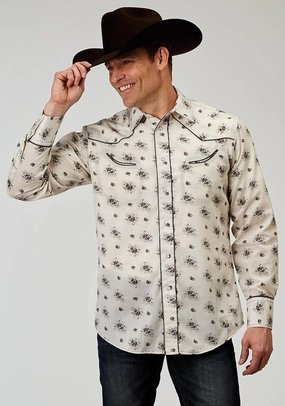 Roper Mens Vintage Floral Fancy Cream Cotton Blend L/S Shirt Beach Wear