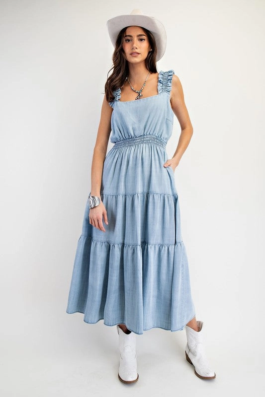 HAILEY WASHED CHAMBRAY TIERED MAXI DRESS Saturated Hue
