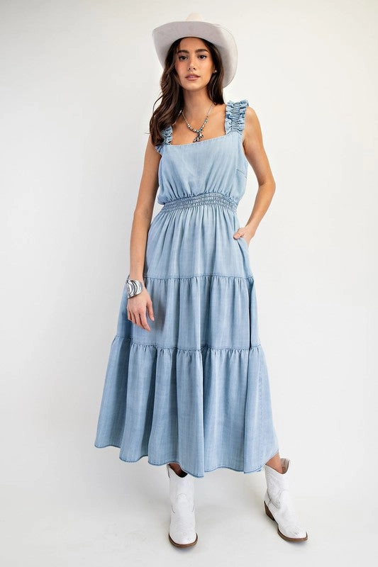 HAILEY WASHED CHAMBRAY TIERED MAXI DRESS ComfortFitDesign