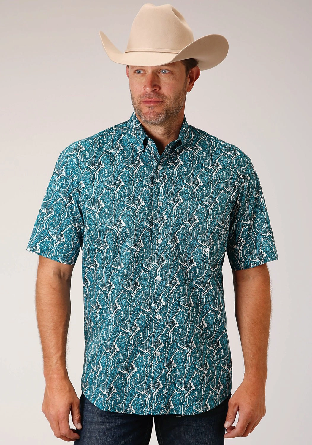 Ribbed Trim Roper Mens Turquoise 100% Cotton Upstream Paisley BD S/S 1 Pkt Shirt