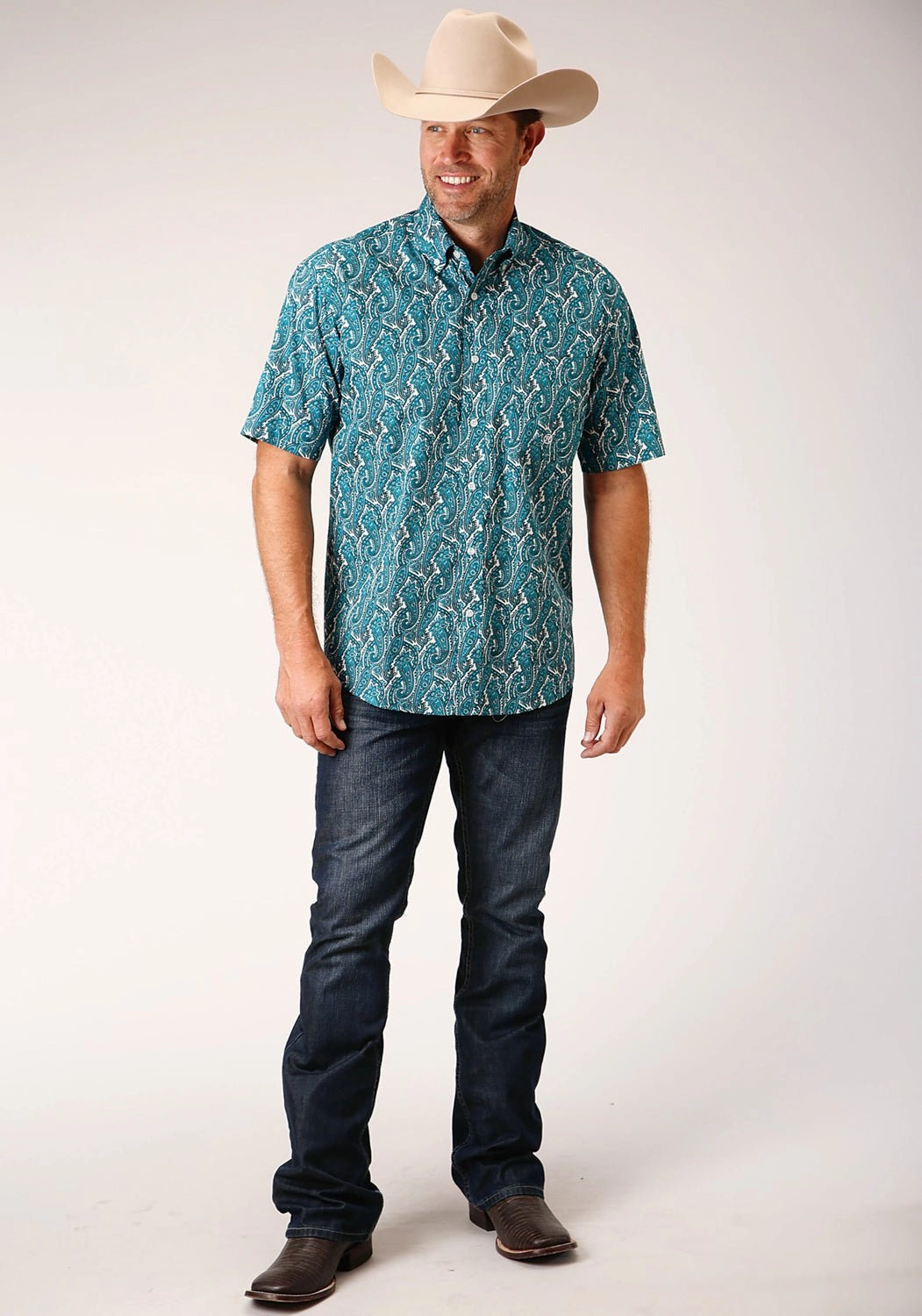 Modern Style Roper Mens Turquoise 100% Cotton Upstream Paisley BD S/S 1 Pkt Shirt