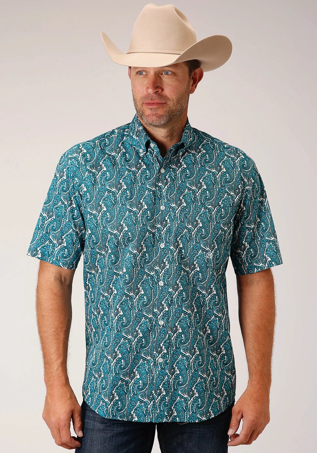 Roper Mens Turquoise 100% Cotton Upstream Paisley BD S/S 1 Pkt Shirt Mix-And-Match Durable Fabric