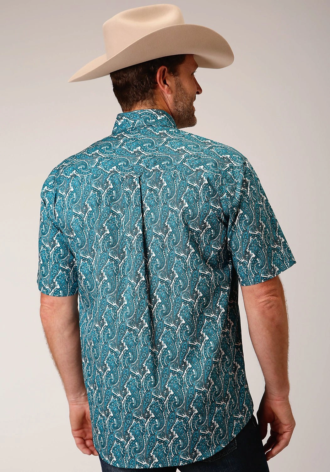 Adjustable Hem Roper Mens Turquoise 100% Cotton Upstream Paisley BD S/S 1 Pkt Shirt
