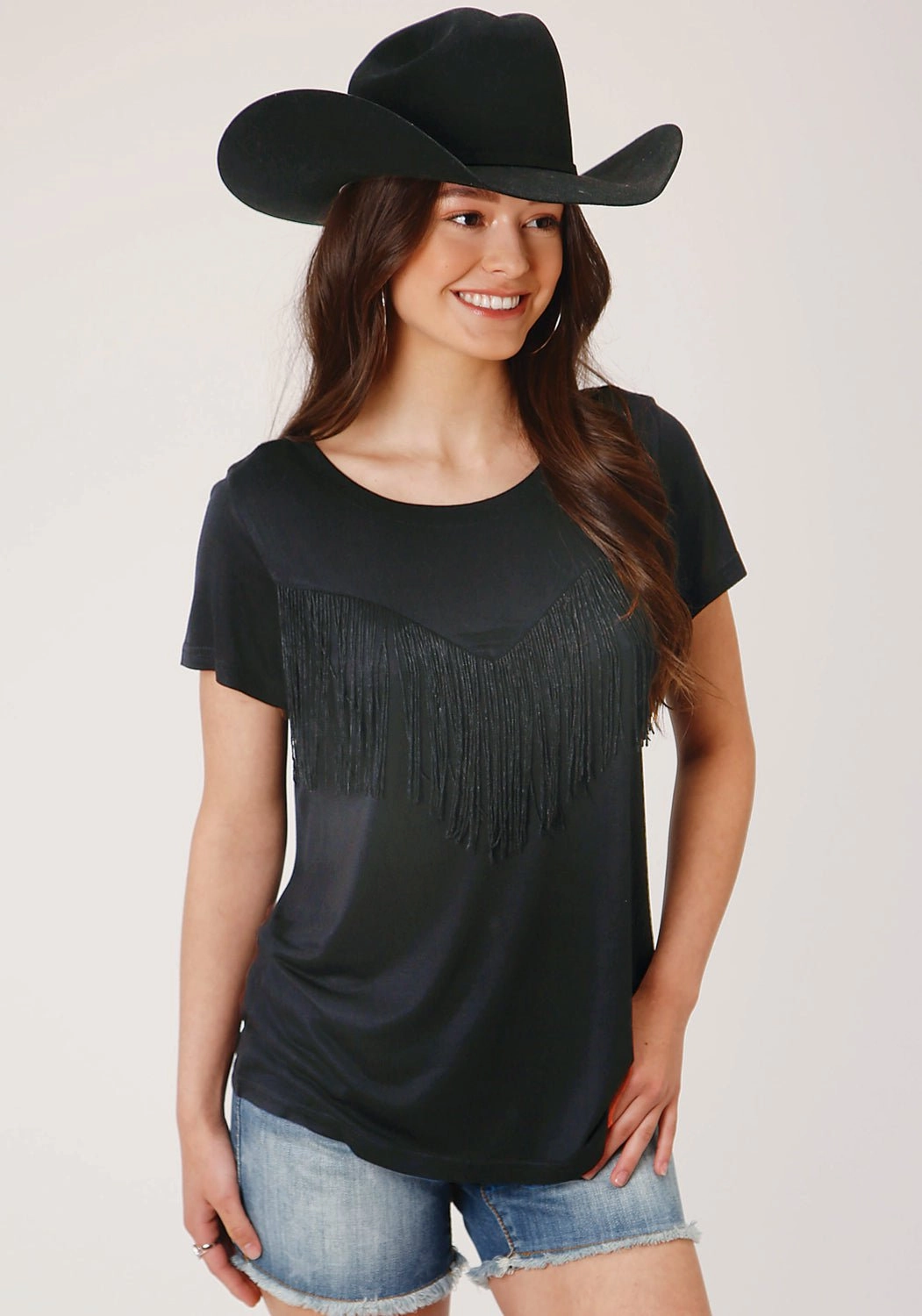 Moisture wicking Roper Womens Black Poly/Rayon Fringe Knit S/S T-Shirt