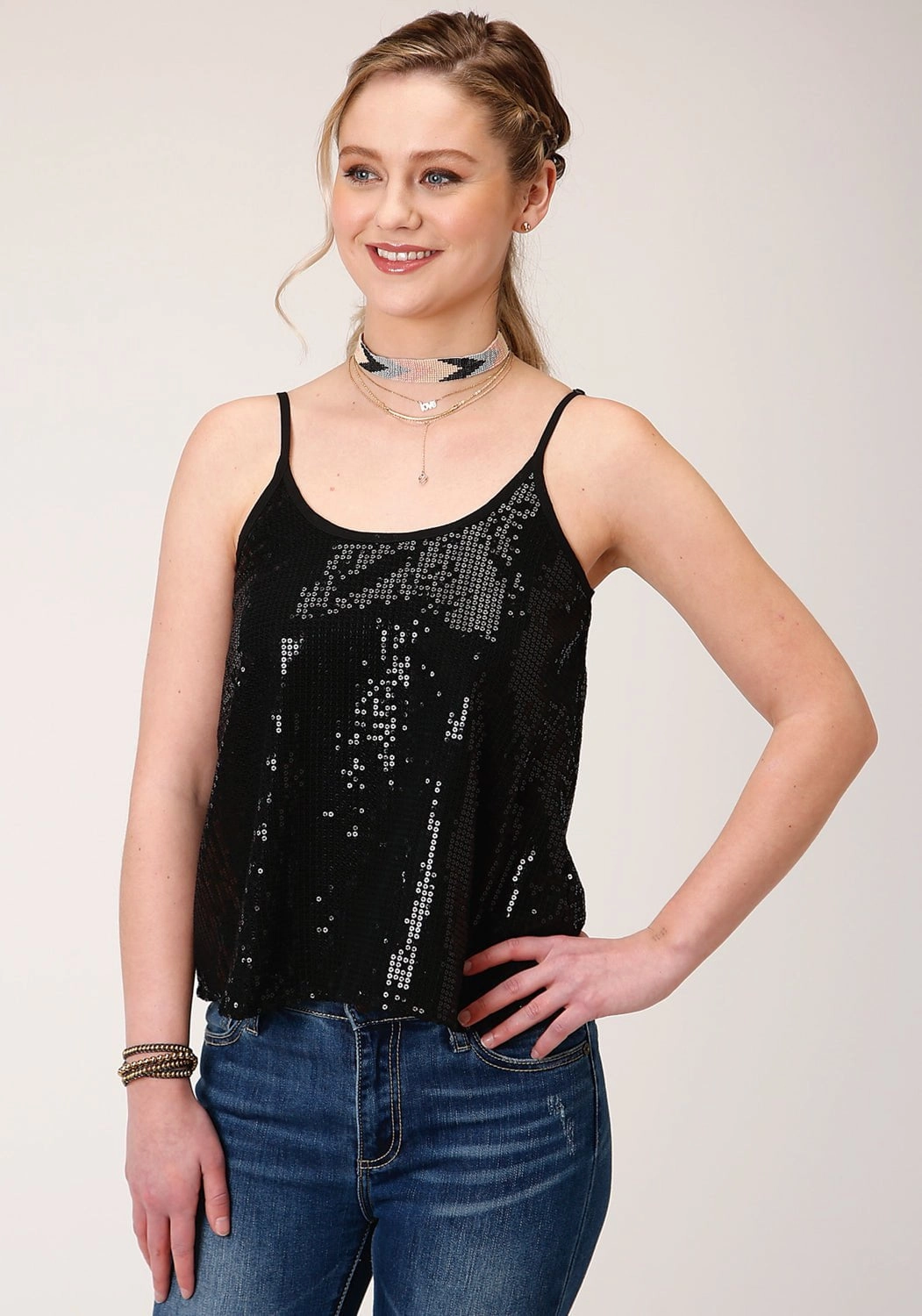 Roper Womens Black Polyester Sequin Lined S/L Cami Versatile Design