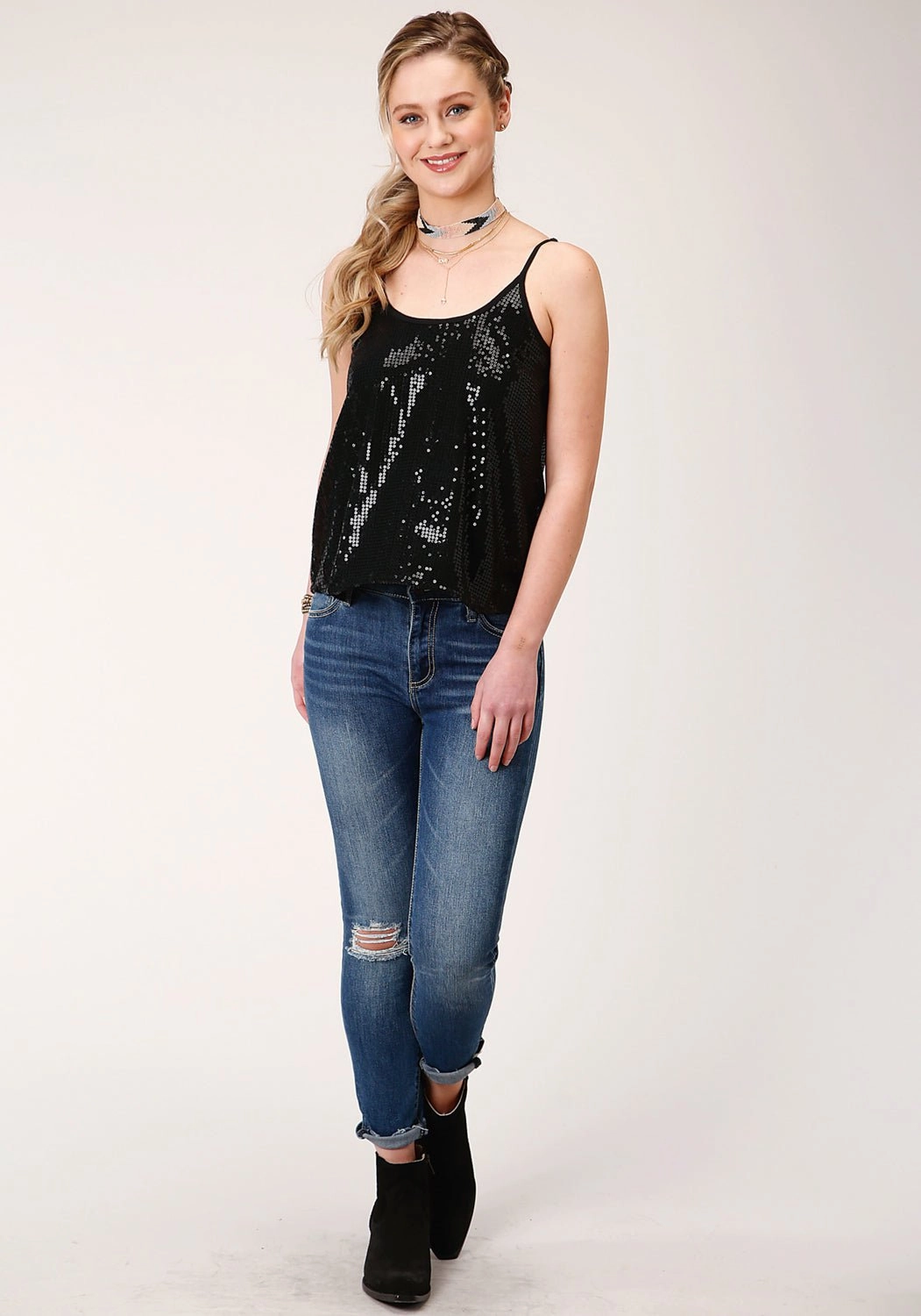 Fashion-Forward Roper Womens Black Polyester Sequin Lined S/L Cami