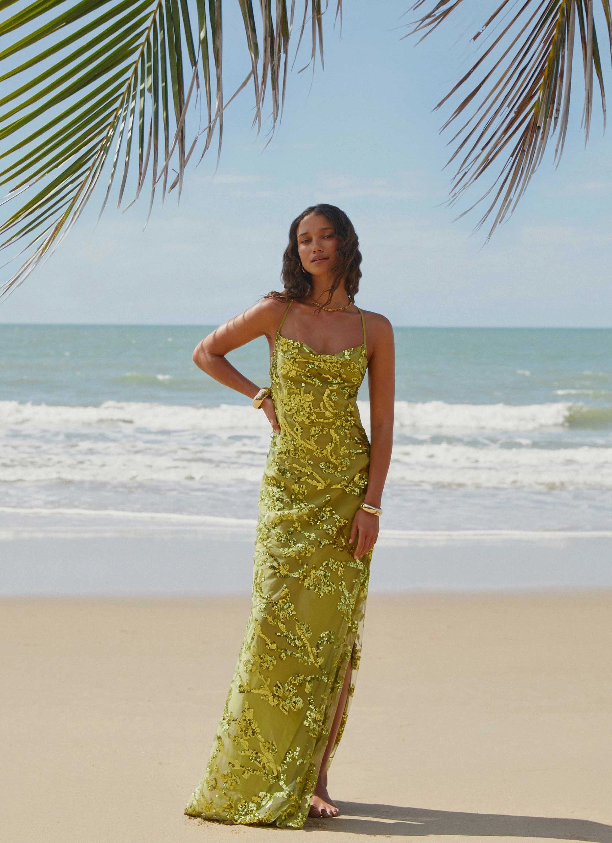 Havana Sequin Maxi Dress - Lime Pattern Print
