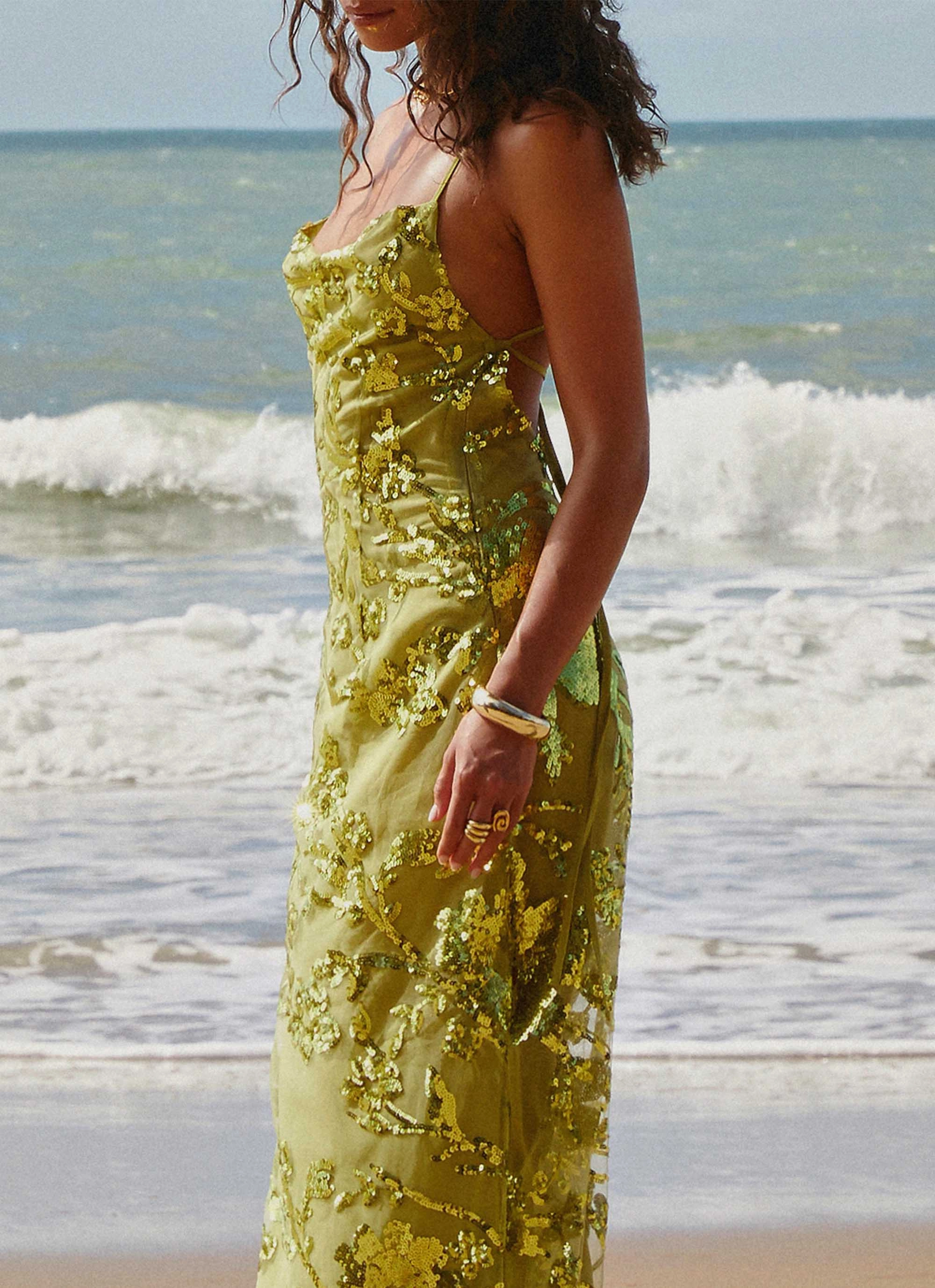 Padded Outerwear Havana Sequin Maxi Dress - Lime