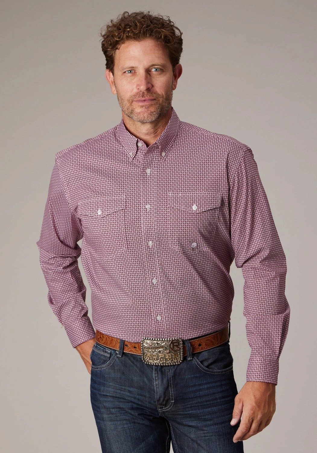 Unisex Design Roper Mens 2025 Stretch Neat Red Cotton Blend L/S Shirt