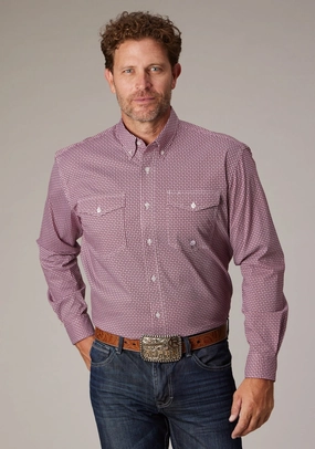 Unisex Design Roper Mens 2025 Stretch Neat Red Cotton Blend L/S Shirt