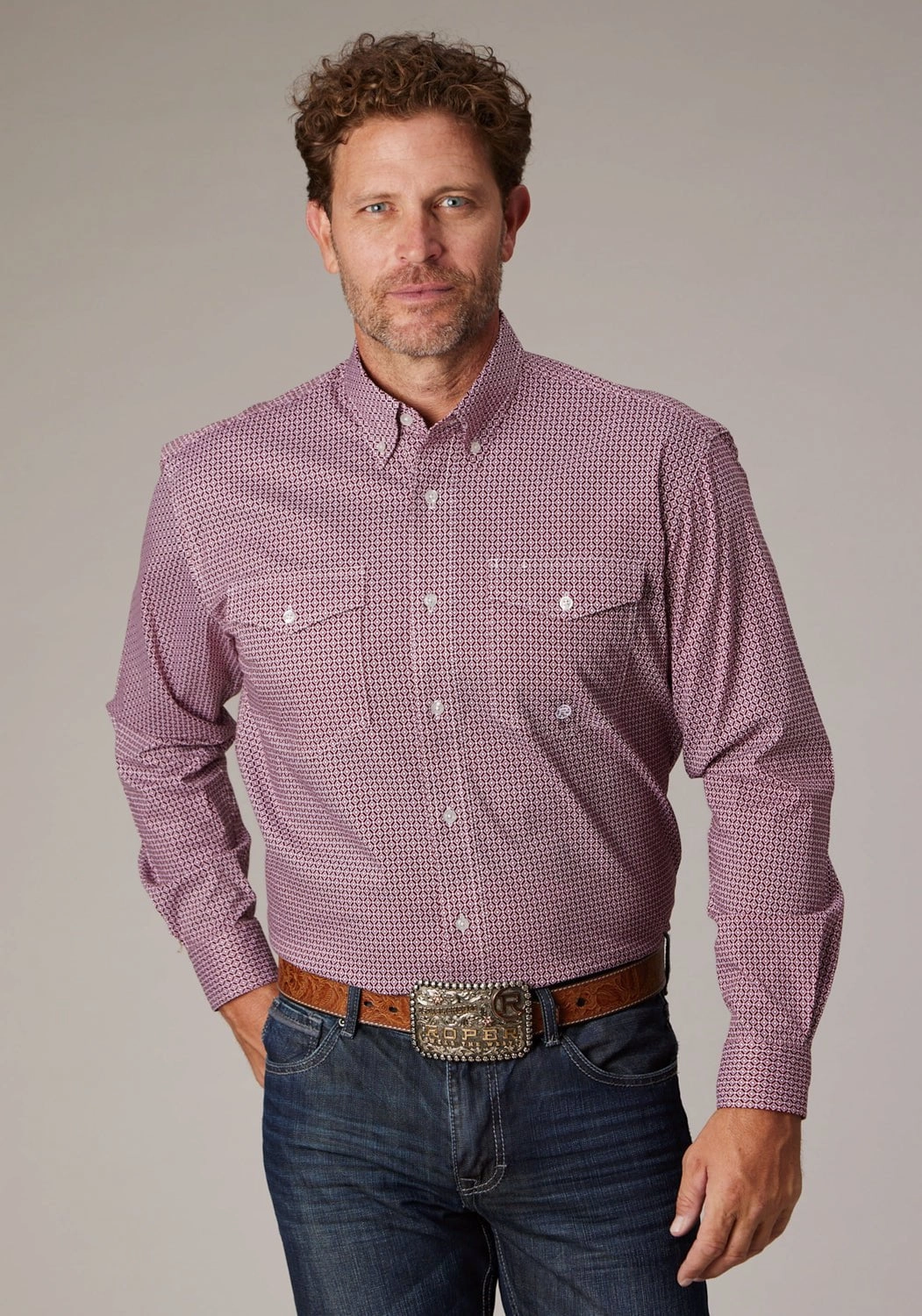 Unique Design Travel-friendly Roper Mens 2025 Stretch Neat Red Cotton Blend L/S Shirt