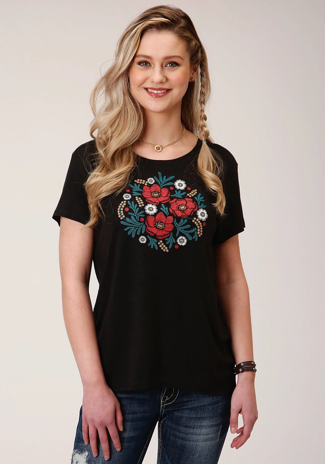 Roper Womens Black Poly/Rayon Floral S/S Boxy Fit T-Shirt Earthy Hue