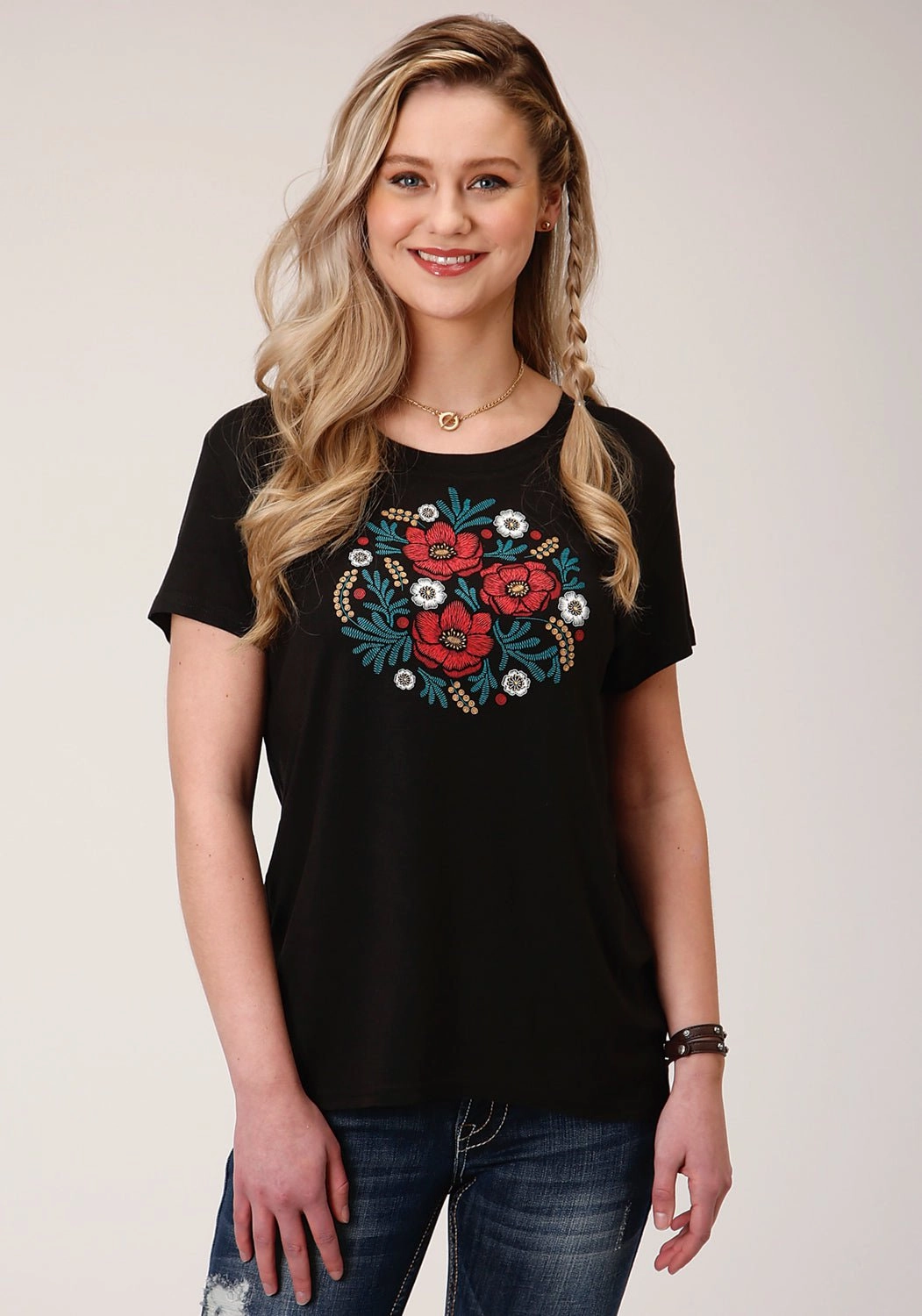 Roper Womens Black Poly/Rayon Floral S/S Boxy Fit T-Shirt Durable Buttons