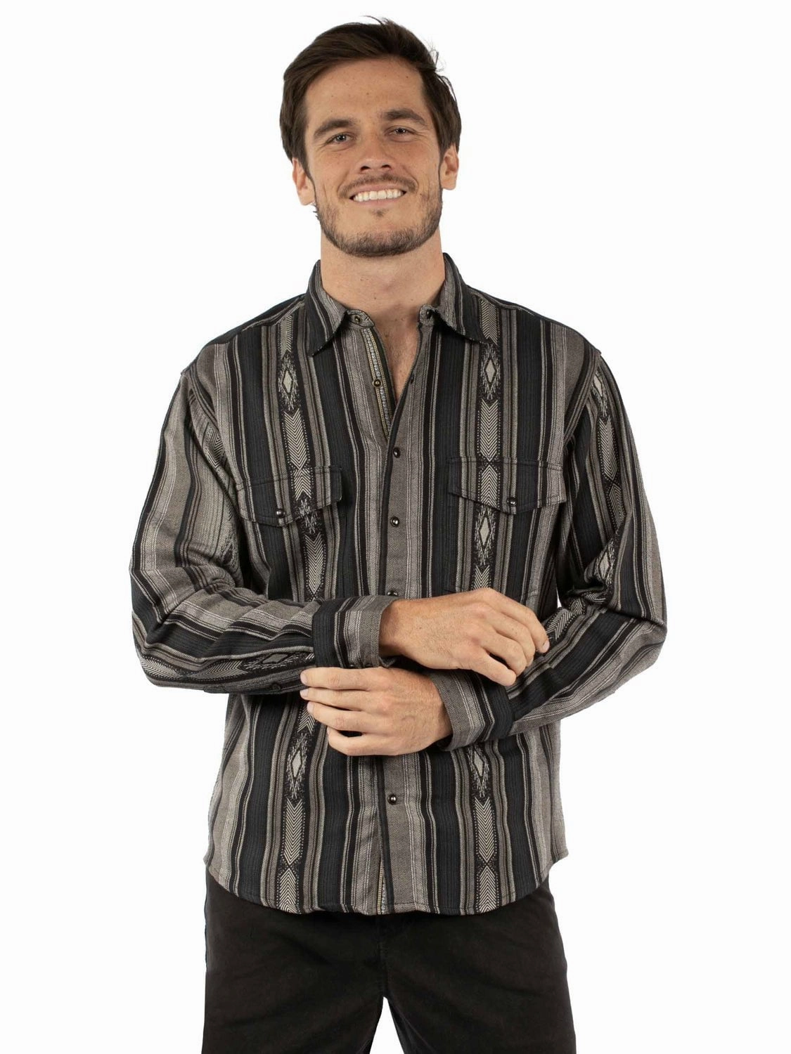 Scully Mens Signature Stripe Charcoal 100% Cotton L/S Shirt Midweight Textile