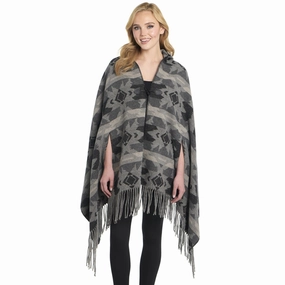 Cripple Creek Womens Navajo Open Front Hooded Mountain Mist Polyester Poncho Elastic cuffs