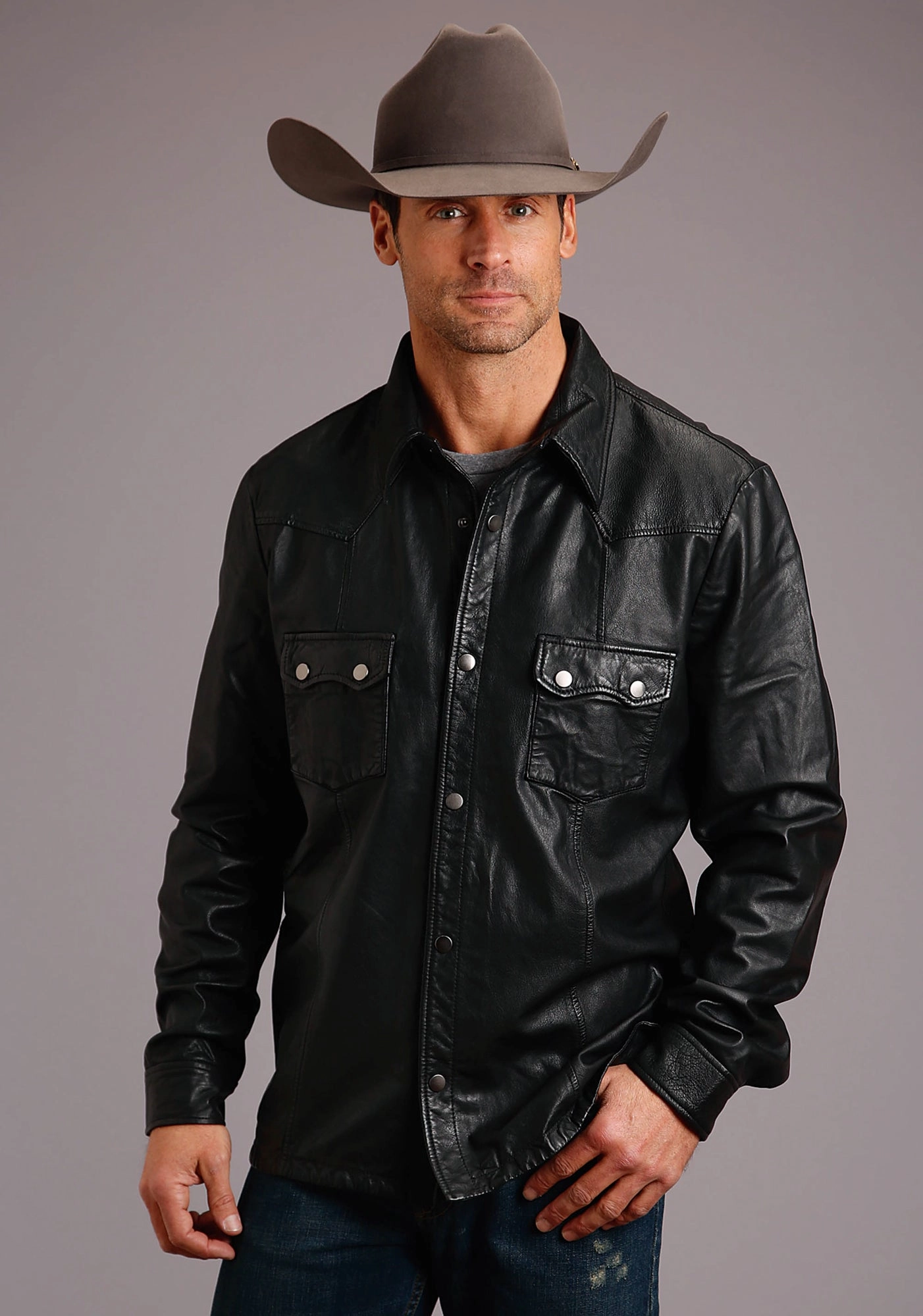 Lakeside Relaxation Seamless construction Stetson Mens Black Leather Western Shirt Jacket
