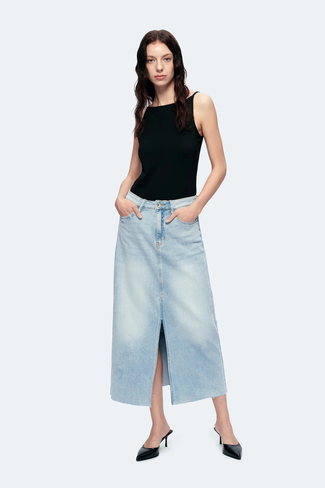 Denim Midi Skirt ComfortWaistband Quick Flex